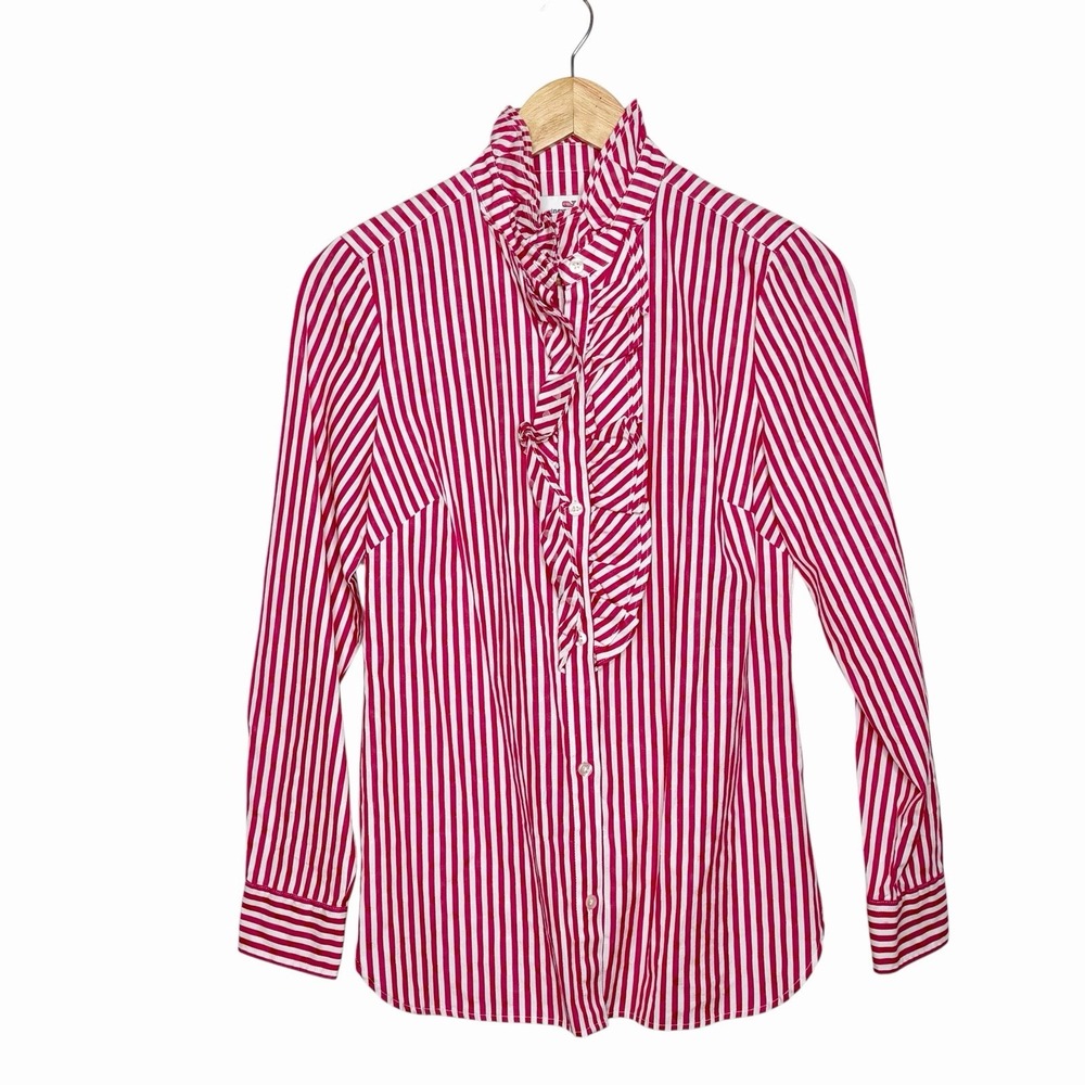 Vineyard Vines Striped Ruffled Button Up Shirt Pink Womens 2 Heritage Preppy